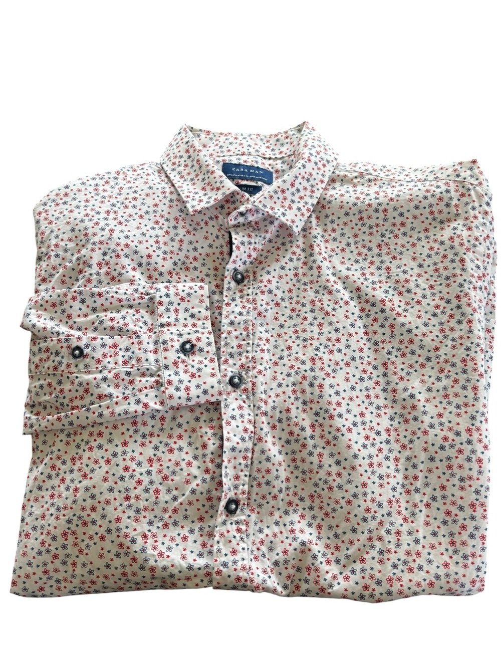 Zara Man Slim Fit Button Down Dress Shirt Sz M Ditsy Floral Blue Red Long Sleeve